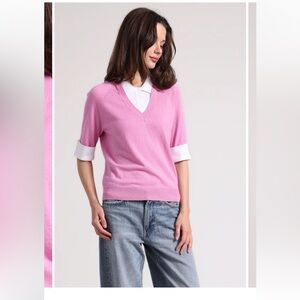 Minnie Rose Cotton Cashmere Collared V-Neck in Raspberry. Size Medium.
